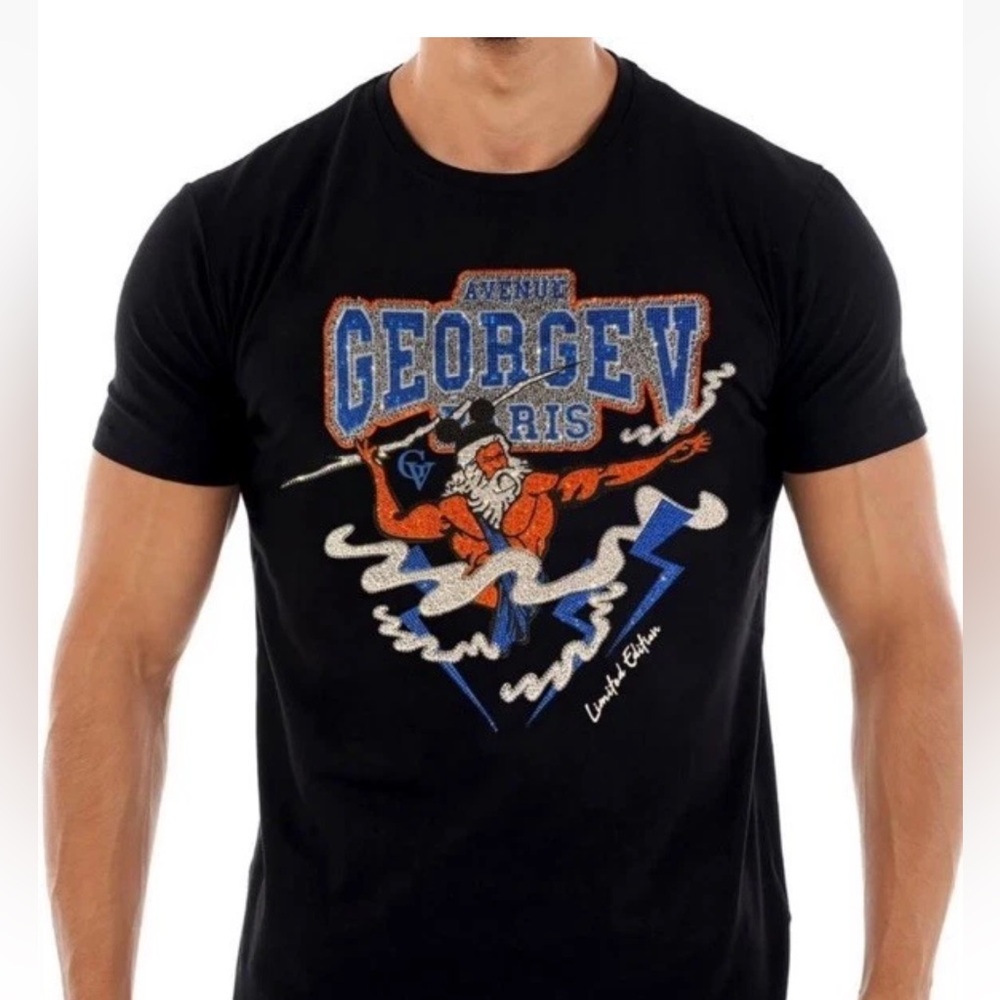 Avenue George V Paris T-Shirt rhinestone Men’s Black Fitted Tee